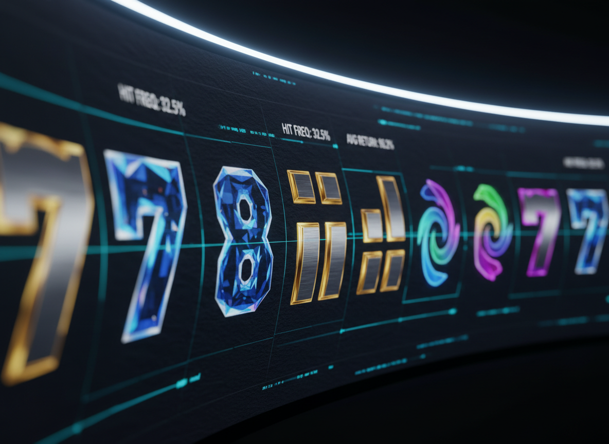 A hyper-detailed, photographic-realistic macro shot of a row of virtual slot symbols frozen mid-spin on a curved, glossy display. Each symbol is rendered as a high-end, abstract icon—crystal numbers, metallic bars, stylized shapes—etched with fine lines and subtle reflections. Tiny overlay labels above the row show live metrics like hit frequency and average return, in precise, minimal typography. The background interface is dark slate with faint grid lines and softly pulsing data streams. Cool, directional light from the top-right produces a crisp highlight along the curve of the display and gentle falloff into shadow. The composition is tight and immersive, conveying precision, fairness, and a data-first philosophy in online slots.