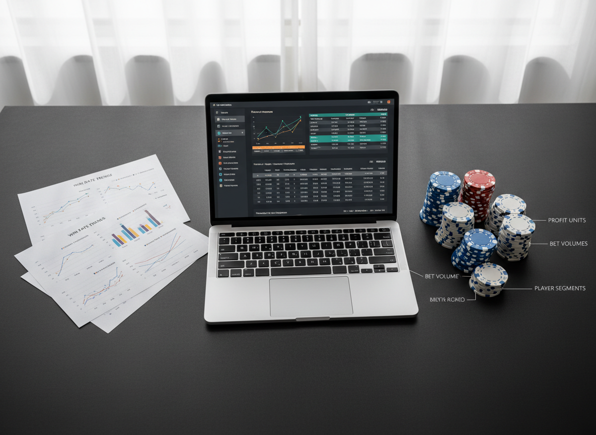 An overhead, photographic-realistic view of a dark matte desk featuring a slim laptop open to a detailed analytics dashboard for slot performance, surrounded by printed charts, probability graphs, and neatly stacked chips used as visual metaphors, not gambling tools. The screen shows clear, well-organized tables and line charts in teal and amber tones against a charcoal background. Soft, diffused white light from an unseen window to the left creates gentle shadows and clean highlights on the paper textures and brushed aluminum laptop shell. The composition follows the rule of thirds, conveying an analytical, professional atmosphere that highlights transparency, real data, and strategic decision-making in online slot operations.