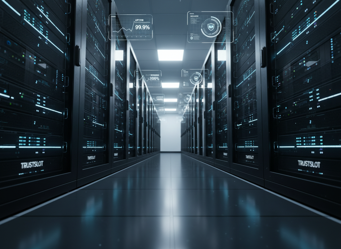 A cinematic, photographic-realistic scene of a dark, glossy server rack room symbolizing the backbone of a trusted slot online platform. Rows of black server towers with subtle branding glow with coordinated blue and white status lights, arranged in perfect symmetry along a reflective floor. Thin holographic overlays show floating charts, uptime percentages, and security badges above some racks, hinting at real-time monitoring. Soft, cool overhead lighting combines with the server LEDs to create a balanced, technologically advanced ambiance. Shot from a low, central perspective with pronounced depth, the composition leads the eye down the corridor, reinforcing reliability, regulation, and the serious infrastructure behind official online slot services.