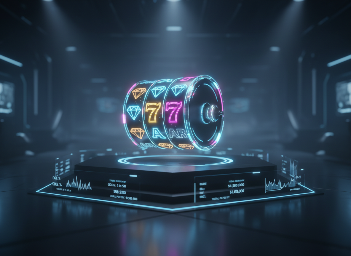 A dramatic, photographic-realistic close-up of a single, ultra-modern virtual slot reel rendered as a cylindrical hologram above a matte-black platform. The reel displays crisp, glowing symbols made of faceted light, rotating smoothly in mid-air with motion blur at the edges. Surrounding the platform are minimalistic LED data strips showing fluctuating percentages, odds, and live metrics in small, precise digits. The environment is a dim, futuristic room with deep blue and graphite tones, lit by focused spotlights from above, creating reflective highlights and subtle misty atmosphere. The composition uses a low-angle perspective that emphasizes innovation and authority, with a bold, high-tech mood suitable for an official data-based slot brand.