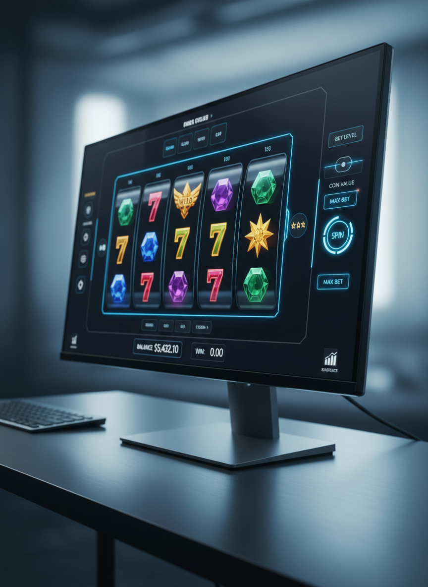 A close-up of a premium online slot interface on a bezel-less, high-resolution monitor, showing a spinning reel mid-motion with sharp, detailed symbols like abstract gems, numbers, and stylized icons, all in rich jewel tones. The UI features clean, professional controls, balance indicators, and win statistics along the edges, illuminated by subtle neon blue accents. The monitor stands on a dark brushed-metal desk beside a minimalist keyboard, with the rest of the room fading into soft bokeh. Cool studio lighting from the side highlights the screen’s vivid colors and glassy reflections. Photographic realism, slightly angled composition, and a focused, trustworthy mood emphasize modern technology and serious, data-backed play.