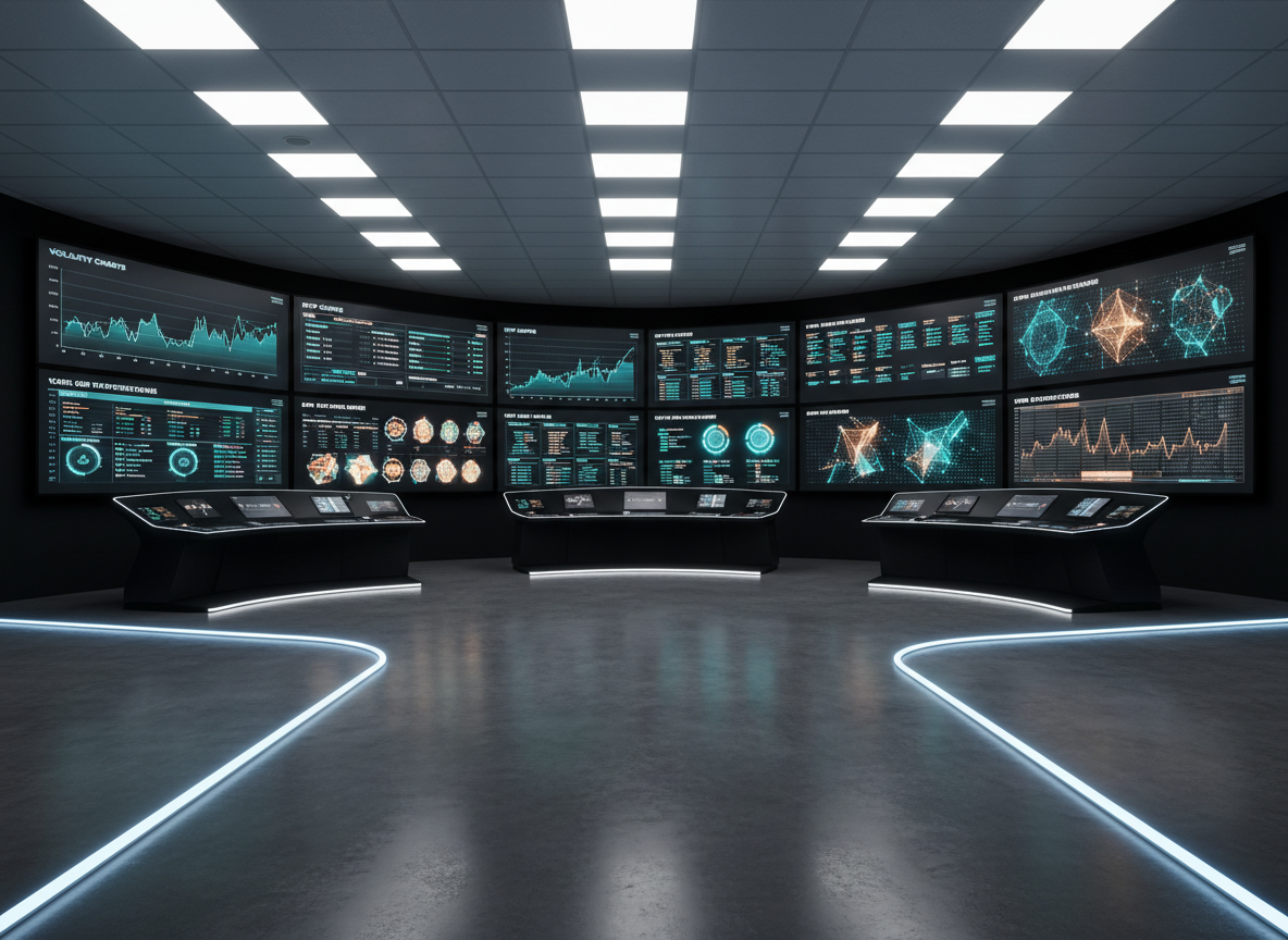 A wide, photographic-realistic shot of a minimalist control room dedicated to online slot oversight, featuring a curved wall of large, frameless screens. Each screen displays different live data: volatility charts, RTP curves, uptime statistics, and abstract visualizations of spin distributions in cool cyan and amber hues. The room is furnished with sleek black consoles and soft LED underlighting along the floor, reflecting gently on a polished dark concrete surface. Overhead, recessed white lighting provides even, professional illumination without harsh glare. Captured from a slightly elevated angle with sharp focus throughout, the scene feels orderly, secure, and transparent, embodying the idea of an official, regulated slot platform governed by real-time data rather than marketing slogans.