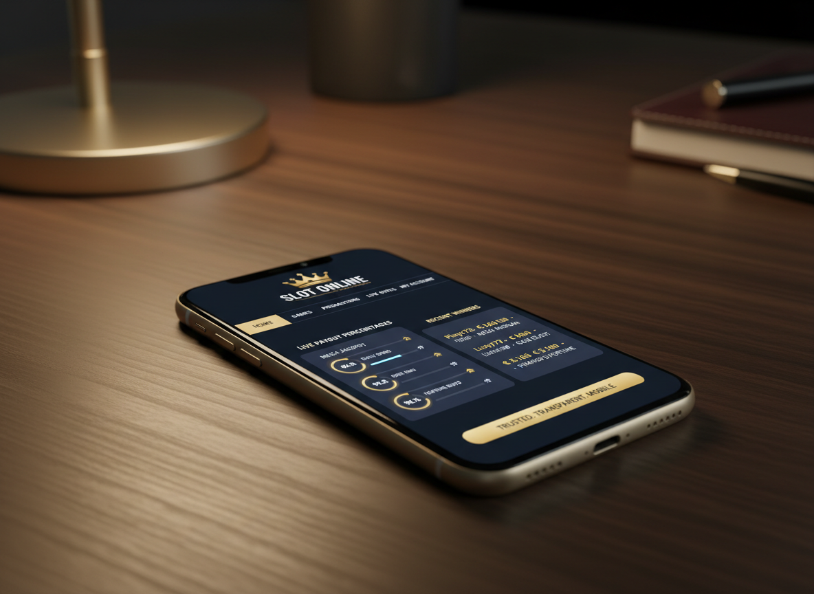 A close, detailed shot of a smartphone resting on a clean, dark wood surface, displaying an official slot online homepage with a professional logo, clear navigation, and prominent live statistics widgets. The screen shows real-time payout percentages and recent win histories in structured cards, using a palette of midnight blue, white, and metallic gold. A subtle reflection of the phone gleams on the polished wood. Soft, warm desk lighting from a modern lamp just outside the frame casts a gentle glow, balancing professionalism with comfort. Photographic realism, shot at a slight diagonal for dynamic composition, with the background fading to a tasteful blur, stresses trust, clarity, and mobile accessibility for serious slot players.